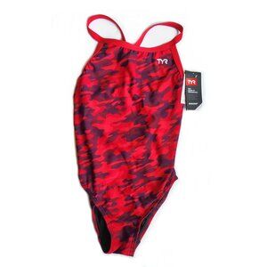 NEW TYR Durafast Elite Girls XL 14-16 Diamondfit Swimsuit – Red Camo NWT